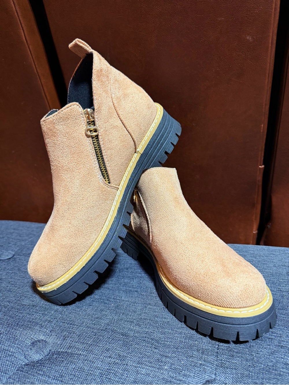 Suede Side-Zip Chunky Sole Booties in Tan (size 8- 8.5 ) - Picture 4 of 7